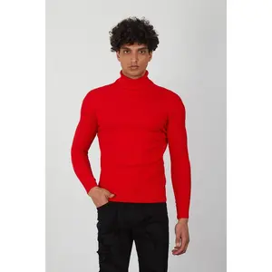Bold Red Men's Ribbed Turtleneck Sweater – Slim Fit Knit Pullover by One in a Million