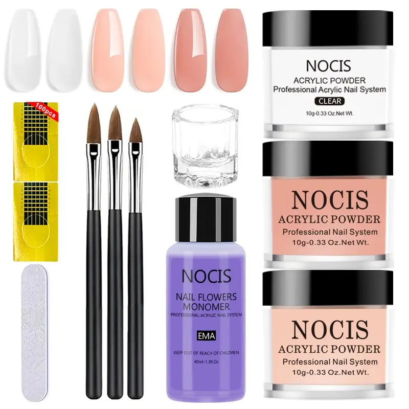 Nocis Professional Acrylic Nail System Set, Nail Art, Nail Extensions, Nail Extension Kit, 3 Colors 110g Transparent/nude + Ema Monomer Liquid, Salon Quality Nail Tools, Nails Kit Set