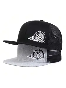 Unisex Compass Mountain Turn Baseball Cap Trucker Style Hat, Adjustable Sun Protection Hat, Casual Striped Woven Outdoor Travel Beach Vacation Headwear