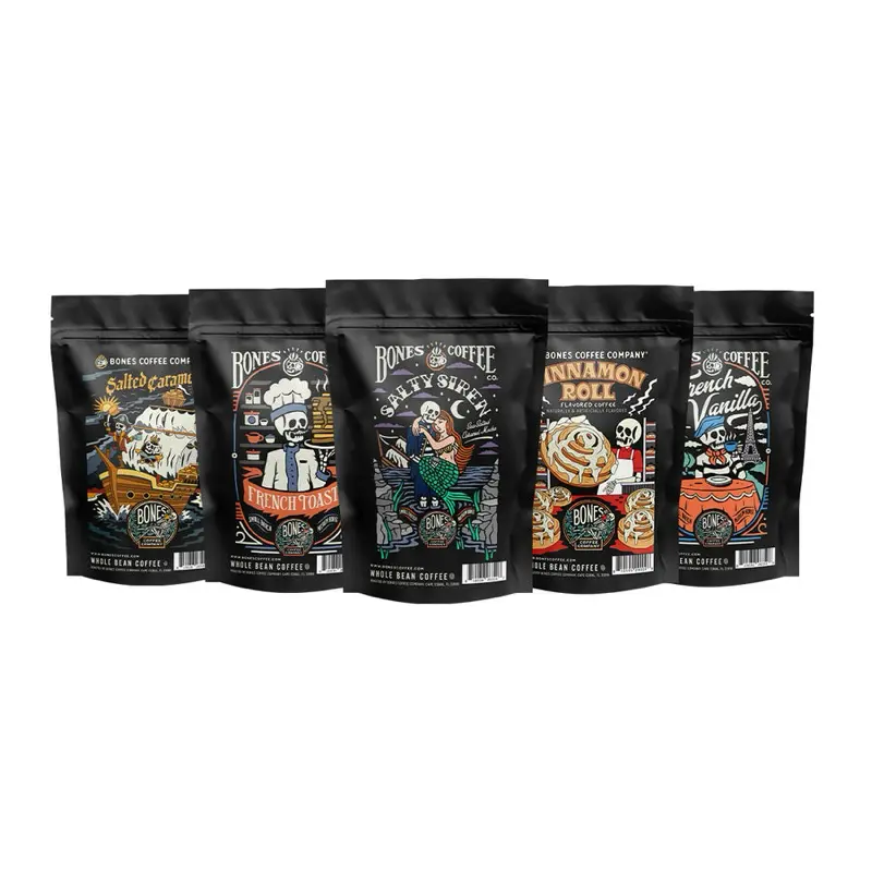 Bones Coffee Company | Classic Comforts Sample Pack 5 Assorted Flavored Coffee Bags 4oz Medium Roast Bones Coffee Company | Classic Comforts Sample Pack 5 Assorted Flavored Coffee Bags 4oz Medium Roast