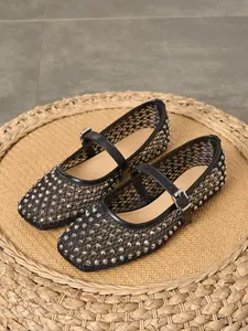 Women's Fashionable Breathable Mesh Mary Jane Flats Shoes for Date Night, Comfortable Summer Sandals with Rhinestones, Lightweight Casual Footwear