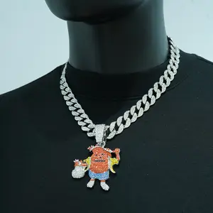 Men's hip hop cartoon character pendant necklace with wallet design, rhinestone decoration, black shirt display, cartoon character necklace