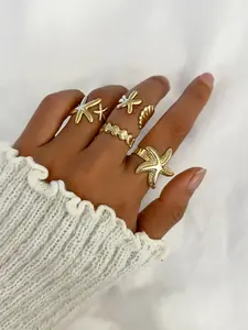 4pcs Starfish Shell Ring Set, Adjustable Open Design, Elegant Layered Stackable Rings, Perfect for Beach Parties, Holiday Jewelry Gift for Women