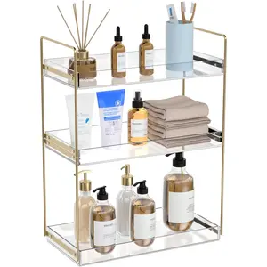 Countertop Organizer, 3 Tier Acrylic Tray Counter Skincare Organizer Shelf, Sink Standing Rack, Home Holder for Lotion Makeup Cosmetics Perfume Spice, Gold |   Counter, Sink, Home Holder, for Lotion, Makeup, Cosmetics