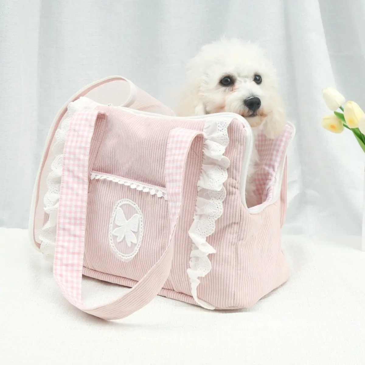 Floral Lace Pet Carrier Bag for Small Dogs and Cats, Comfortable Ribbed Fabric with Decorative Strips, Zip Closure, Breathable and Stress-Resistant