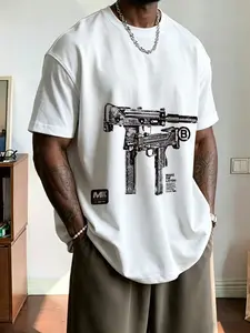 Hardcore Gun Print American Vintage Short Sleeve, Fitness Muscle Man Casual Round Neck T-Shirt, Loose-Fitting Long T-Shirt