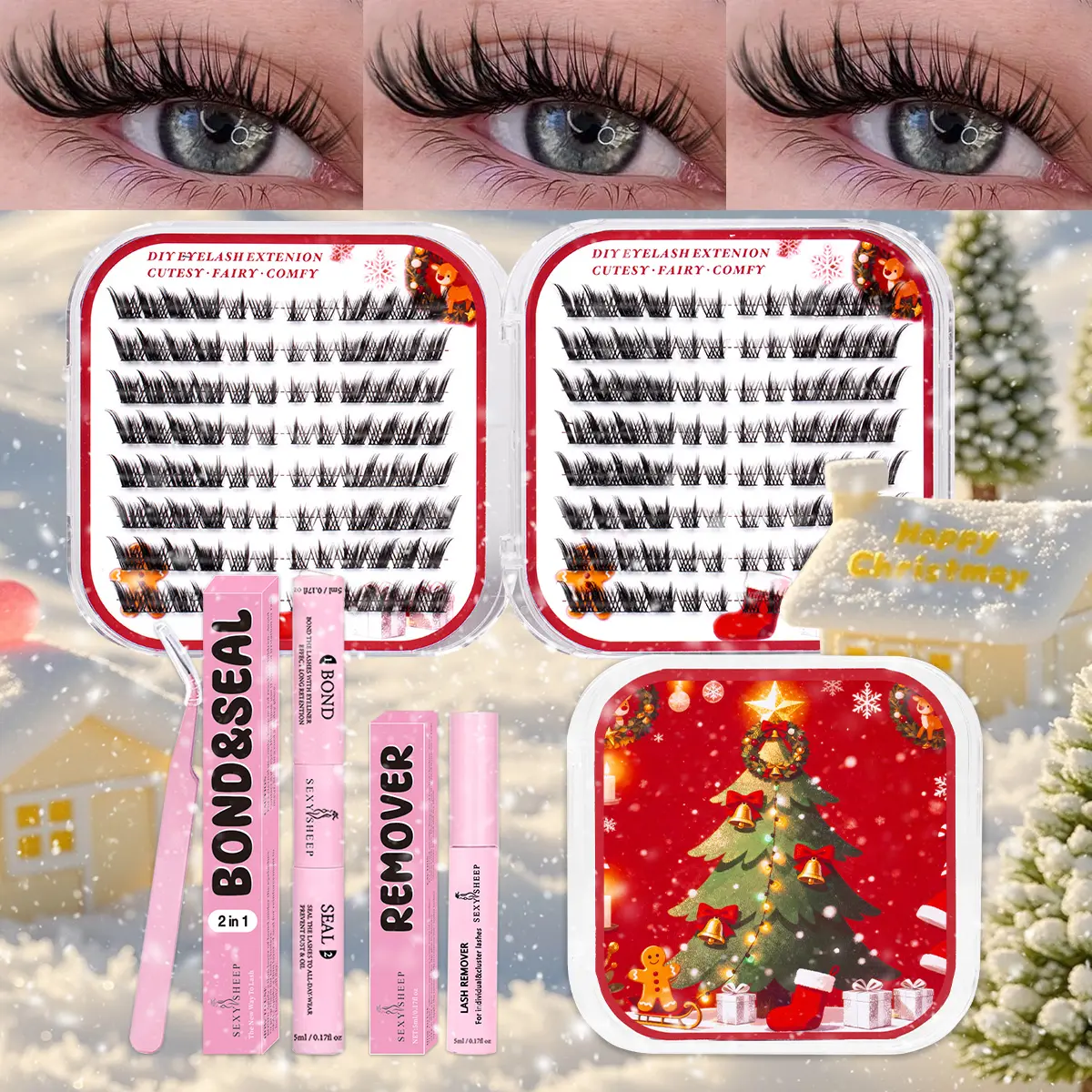 Christmas DIY Eyelash Extensions Kit Easy to Apply, Full Look, Perfect for Daily Glam, Parties or Special Occasions, Individual False Eyelash 192 pcs Thin Band Cluster Lashes Lash with Bond& Seal& Remove& Eyelash Tweezers for Dramatic Eyes