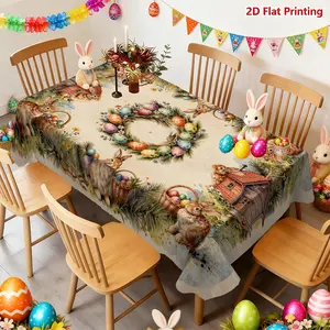 Easter Themed Tablecloth with Cute Rabbit and Easter Egg Wreath Patterns Tablecloth, Suitable for Decorating Living Rooms, Kitchens, and Dining Rooms, Creating A Warm Festive Atmosphere and Adding Spring Vitality and Joy To The Home, Decoration