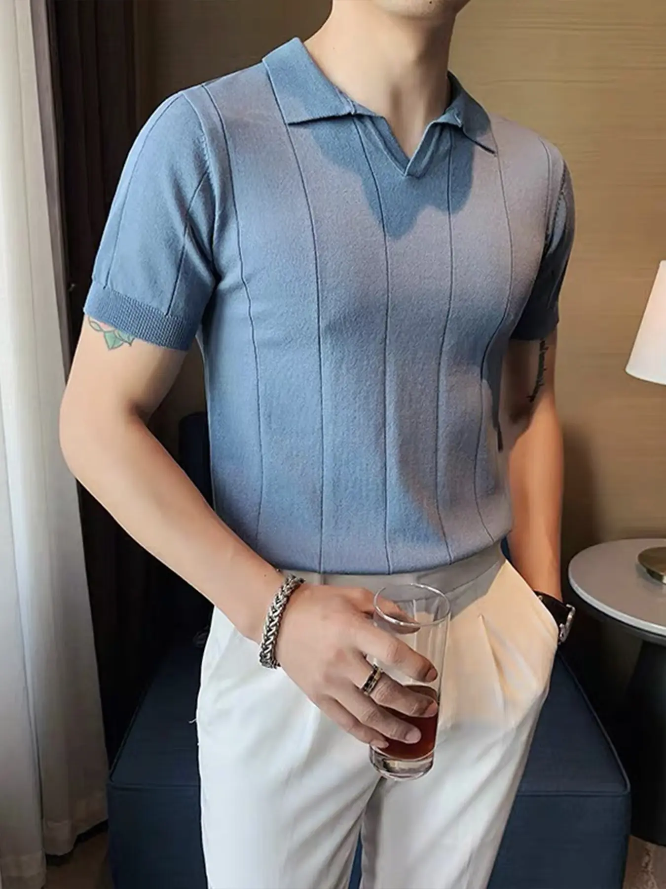 2026 #SummerVibes New Spring and Autumn Versatile Old Money Aesthetic / Retro Non-Cling Sports Business Party Indoor Sophisticated and Sharp Broadens Shoulders Unisex Viscose Casual Relaxed Collar Short-sleeved Knitted Sweater Menswear