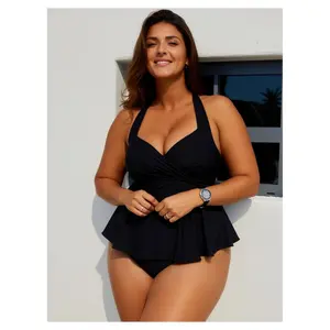 Plus Size Tankini Set - Black Peplum Halter Swimsuit for Women - Tummy Control Swimwear - Two Piece Bathing Suit for Beach, Pool, Vacation - Comfortable & Flattering Fit