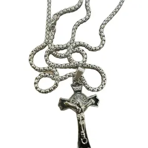Stainless Steel St. Benedict Crucifix with Chain Religious Jewelry for Men and Women