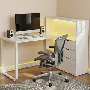 YITAHOME L Shaped Desk with Power Outlets, 55" Computer Desk with Drawers & Bookshelf, LED Lighted Home Office Desk, Corner Desk with Drawers & File Cabinet, White Color