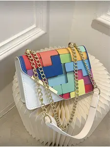 Mini Fashion Plaid Colorblock Stitch Crossbody Bag Metal Chain Shoulder Bag Square Wallet for Shopping Cream Color Bag