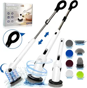 Megahit cordless rotary scrubber, waterproof bathroom cleaning brush, toilet brush. With 8 replaceable brush heads and adjustable handles, it is used for cleaning bathtubs, kitchens, windows and tiles.