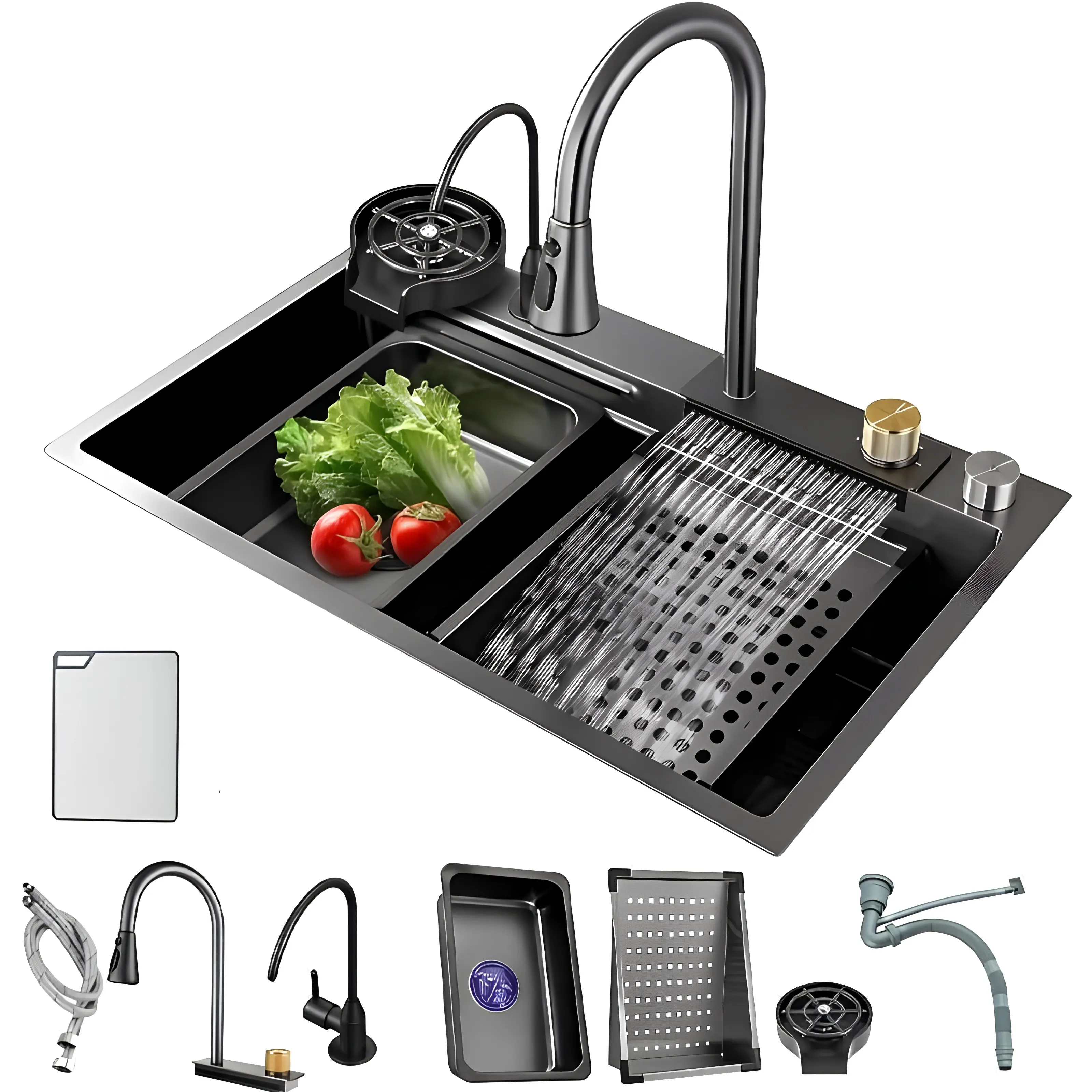 Modern Countertop Single Bowl Kitchen Bar Sink - Dark Grey Stainless Steel Waterfall Workstation (29.5*17.7 in), Knob-Control Hot & Cold Pull-Out Faucet, Cup Washer, Drainage Basket