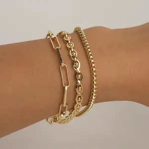 MEIITRUE 14K Gold Plated Stackable Bracelets for Women Classic Link Chain Set Waterproof Paperclip Design Fashion Accessories Gifts