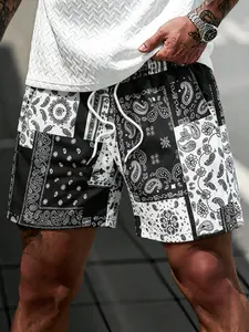 Men's Paisley Patchwork Shorts, Elastic Waist Drawstring, Summer Casual Streetwear, Beach Gym Daily Wear, Hip Hop Style, Prints