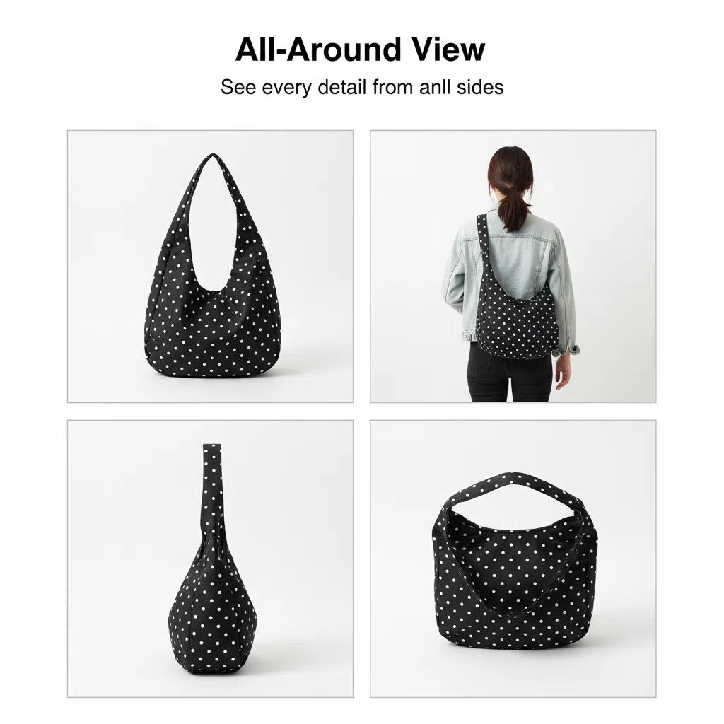 Women's Polka Dot Dumpling Bag, Casual Lightweight Nylon Design, Perfect Everyday Hobo Purse, Retro Crescent Bag