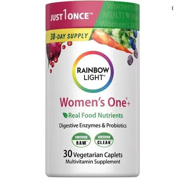 Rainbow Light Womens Multivitamin One + | 30 Caplets | Real Food Nutrients, Digestive Enzymes & Probiotics