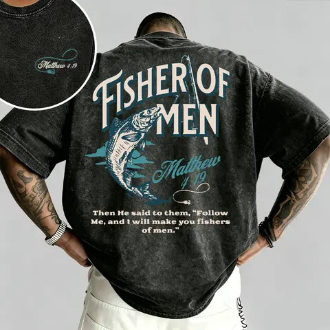 Fisher of Men Matthew 4:19 Vintage Acid Wash Tee | Christian Fishing Faith Shirt,Retro Christian Fisher of Men Fish Pole Tee | Matthew 4:19 Faith Oversized Top,Unisex / men & women,clothes for back to school,first day of school outfits