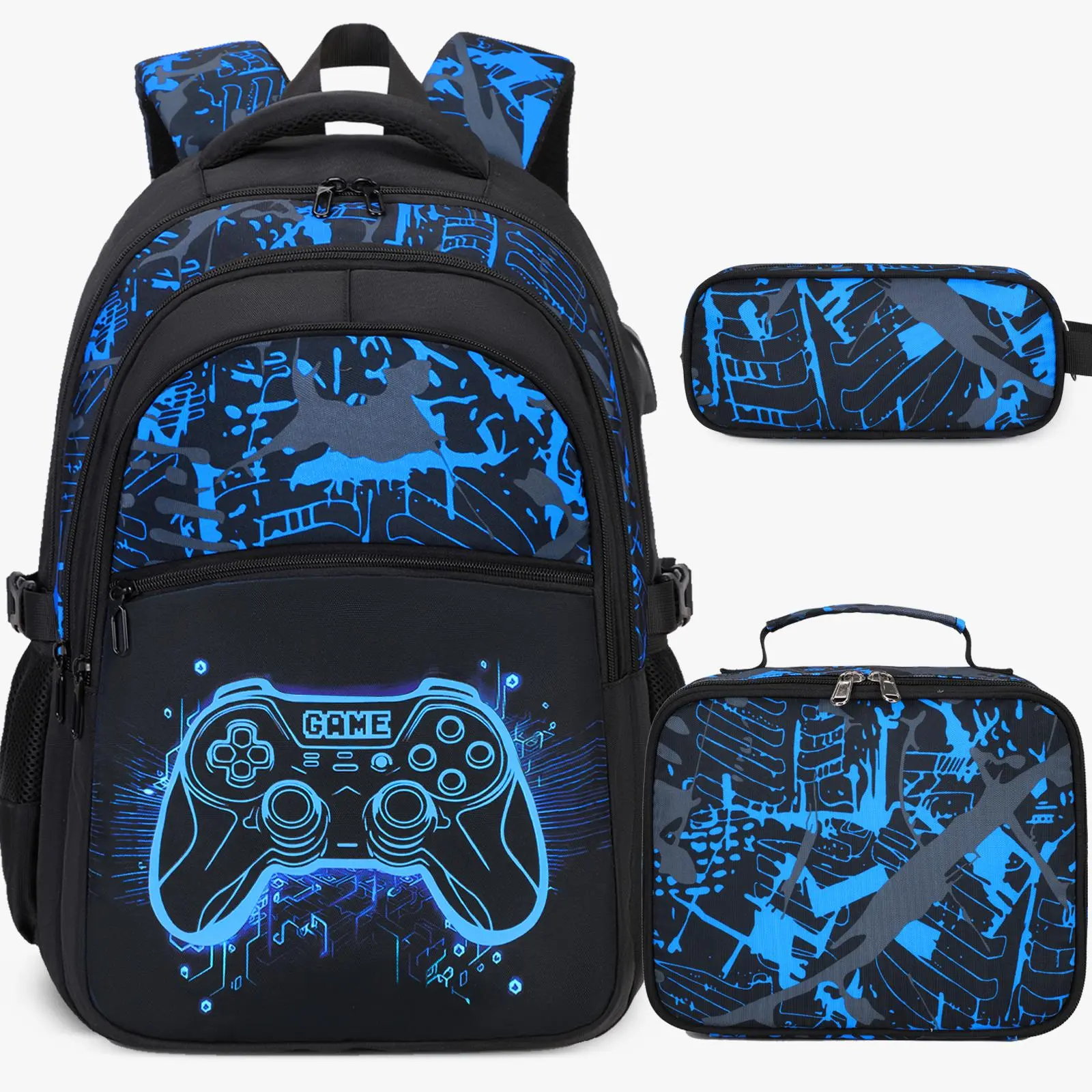 3PCS(Boys Backpack with Lunch Bag & Pencil Pouch)-Blue Print