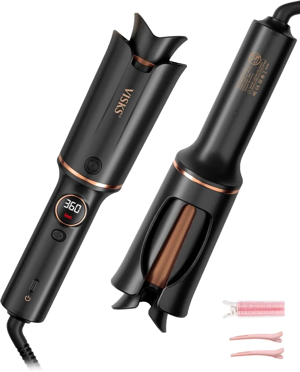 Automatic Rotating Curling Iron – VISKS V668 Pro Ceramic Hair Curler with Keratin-Coated Barrel, Digital Temperature Display, Anti-Scald, 590M Ionic, Tangle-Free, Dual Voltage, 1.25 Inch
