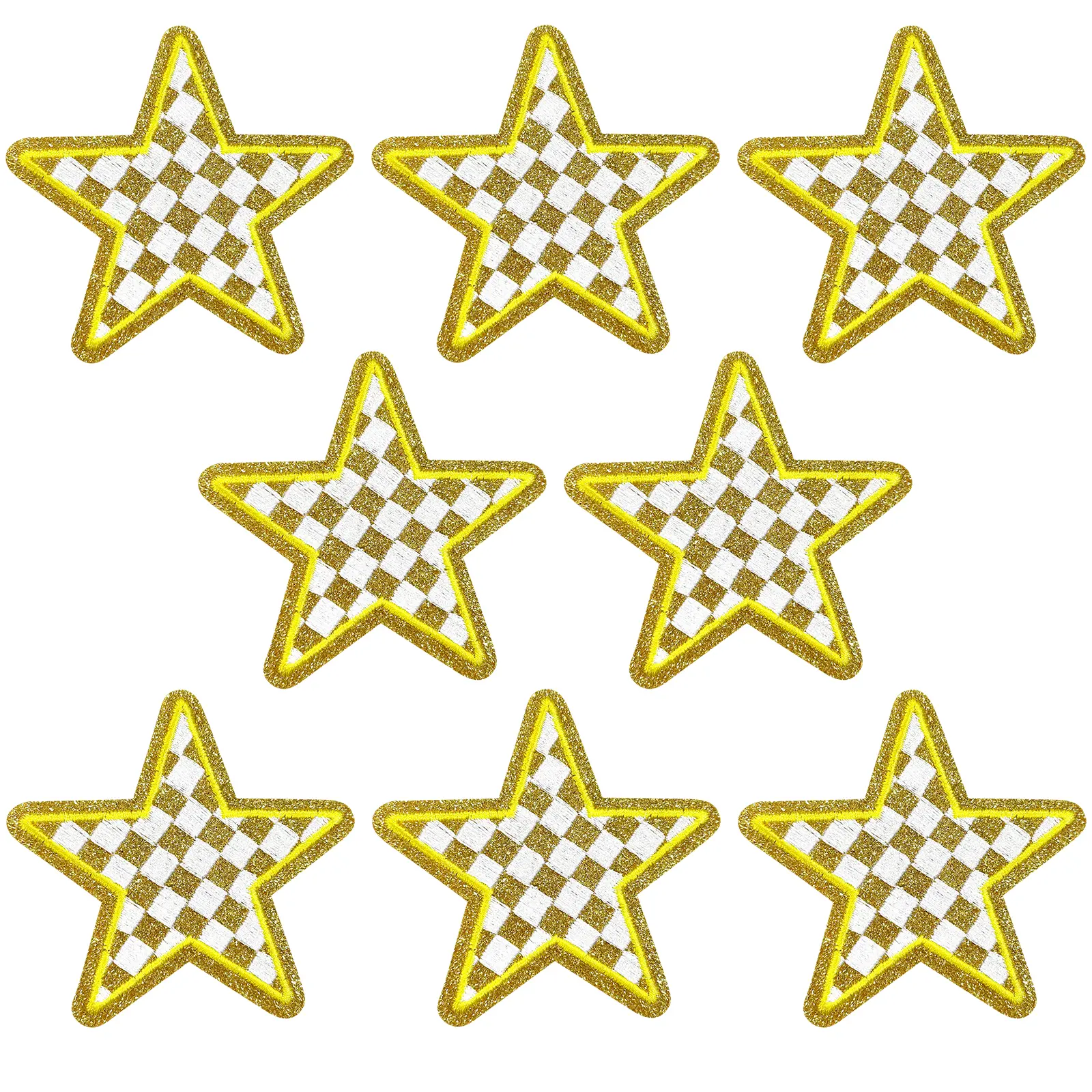 CY Durable Iron-On Embroidery Patches, 8-Pc DIY Set with Cotton Base, Dazzling Glitter Checkerboard Pattern, Glitter Border, Bold Mini Stars for Boys’ Hats Jackets, Sewing & Craft Supplies