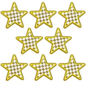 CY Iron On Patches 8PCS Yellow Glitter Stars Embroidered Checkerboard Applique Cute Fashion DIY Accessories for Hats Clothing Bag Jacket