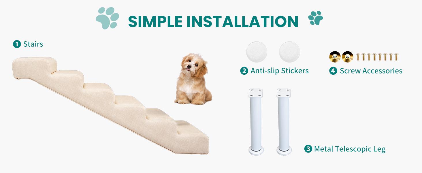 SLSY XL Foam Dog Stairs Ramp - Adjustable, Anti-Slip Bottom, Gentle Slope, Easy to Move, Waterproof, PE Support Board, Washable Removable Cover for Small/Senior Dogs (Holds Up to 150 lbs) - For High Beds, Couches