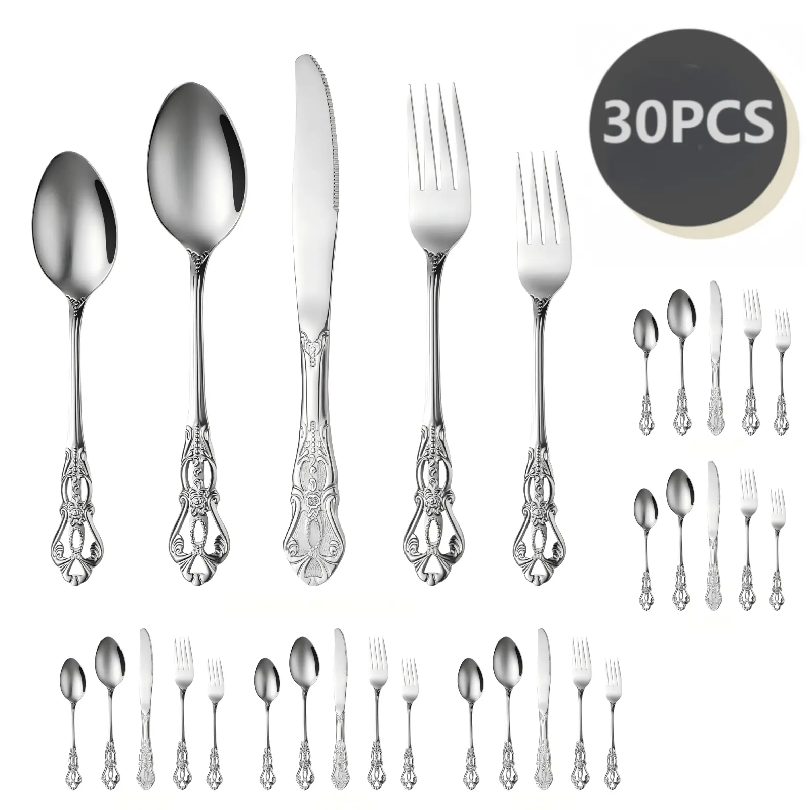 Vintage Royal Silverware Set - 30 Pieces European Carved Stainless Steel Tableware Sets for 6, Rust-Proof, Dishwasher Safe, Easy to Maintain, Excellence in Quality Spoons & Forks, Perfect Gift For Holidays