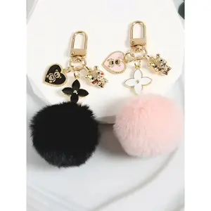 Fashion Heart and Teddy Bear Charm Keychain with Faux Fur Pom Pom, Cute Soft Pompom Keychain, Metallic Finish, Fun Decorative Accessory