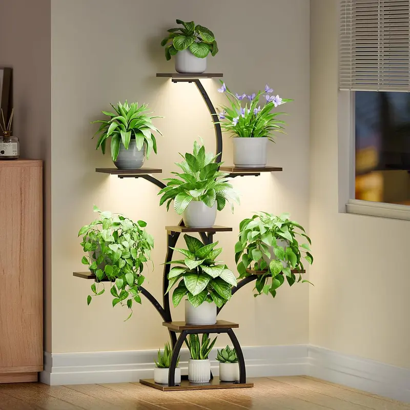 BACEKOLL 50 in Metal Pot Plant Stand - Black Rust-Resistant 6-Tier Plant Stack, Water-Resist Shelves, Grow Lights, Anti-Tip Strap, Easy Assembly, Bedroom Decor, Artistic Indoor Display Rack