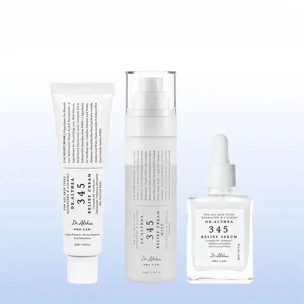 3Pcs 345 Soothing & Repairing  Dr.Althea  — Includes a soothing cream that deeply hydrates and balances skin moisture a soothing serum that strengthens the skin barrier and a dual-layer essence mist that locks in moisture