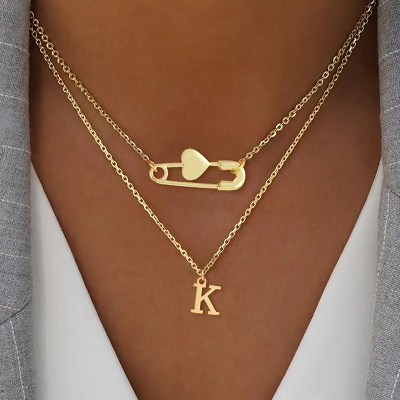 2 Piece Set Initial Heart Pin Letters Necklace for Women, Classic Stainless Steel Multi-Layer Chain, Casual Jewelry for All Seasons