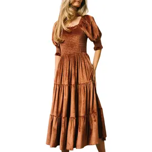 Women's Velvet Square Neck Puff Sleeve A-Line Midi Dress Spring Parties, Wedding Guest Attire, Everyday Versatile Dress