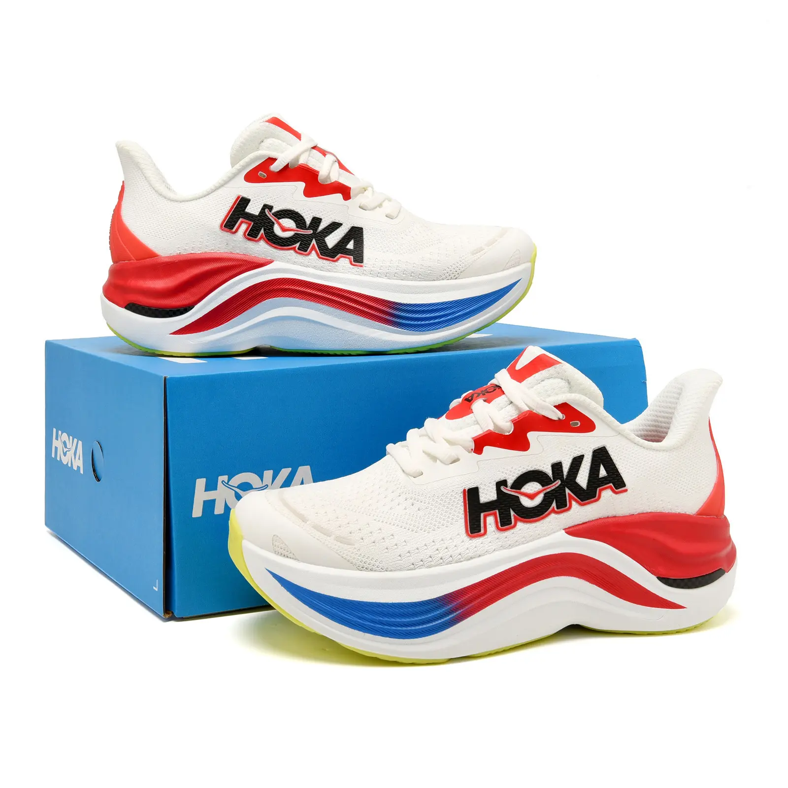 Off-white Flyknit Upper Sneakers With Red & Blue Wavy Gradient Thick Soles, Lightweight Unisex Trendy Running Shoes For Daily Commutes And Speed Training