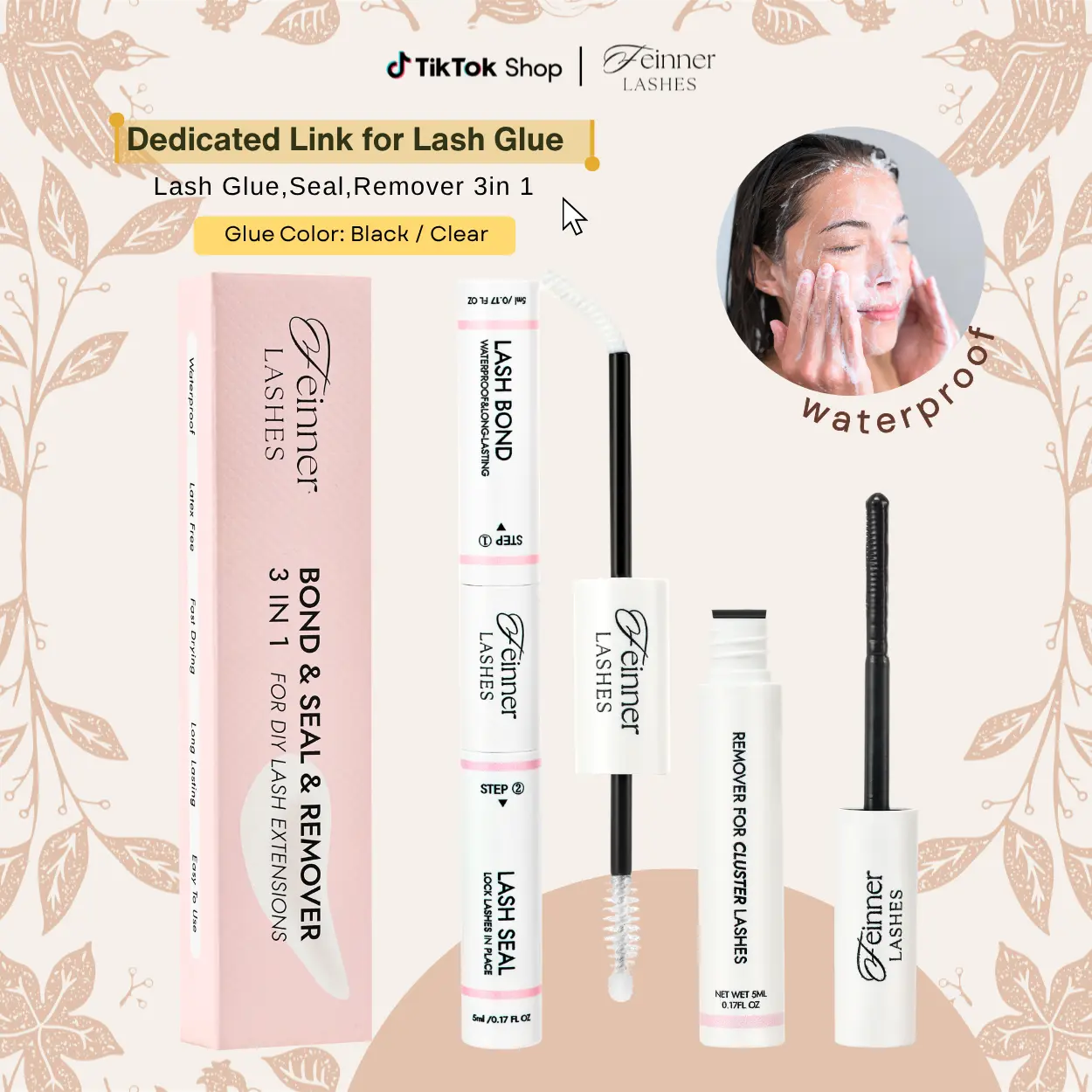 Feinner 3-in-1 Lash Glue and Bond Kit, No Irritation Latex-Free Waterproof Eyelash Extension Supplies with Makeup Remover, Easy to Use for Adults