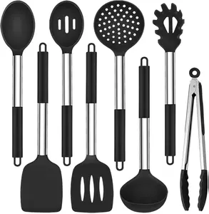 Kitchen Utensils Set of 8, Silicone Utensils Kitchen Tools Set with Stainless Steel Handle, for Frying Serving Flipping Draining, Non-toxic Insulation