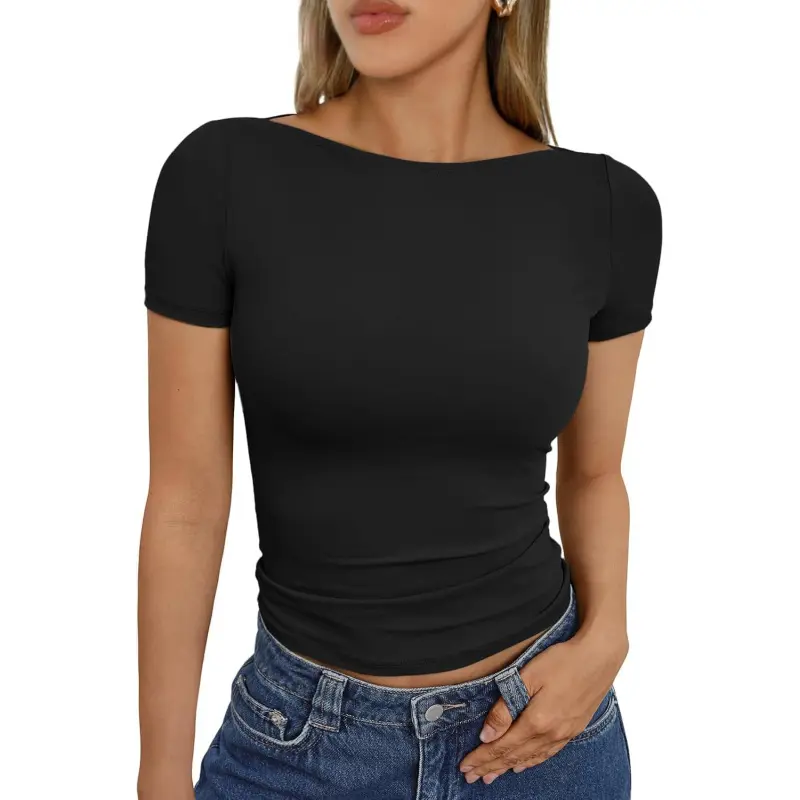 Womens Boat Neck Short Sleeve T-Shirts Fitted Compression Summer Y2k Basic Tops 2026 Spring Outfits Clothes new arrival fashion vacation beach outfit loose fit overall