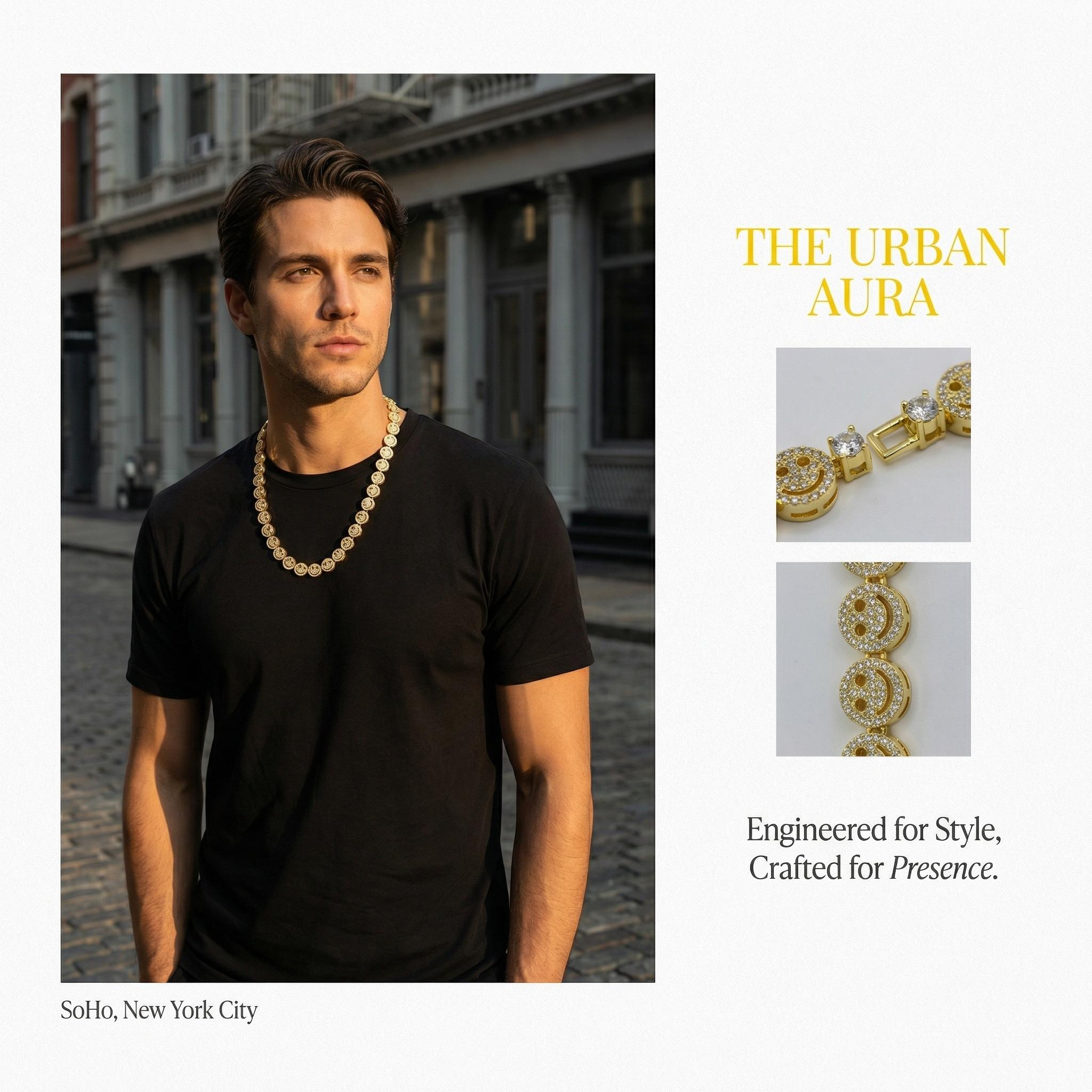 Hip-Hop Alloy Smiley Face Necklace & Full-Rhinestone Cuban Link Bracelet — Interlocking Ring Design, Edgy Punk Style (Unisex)