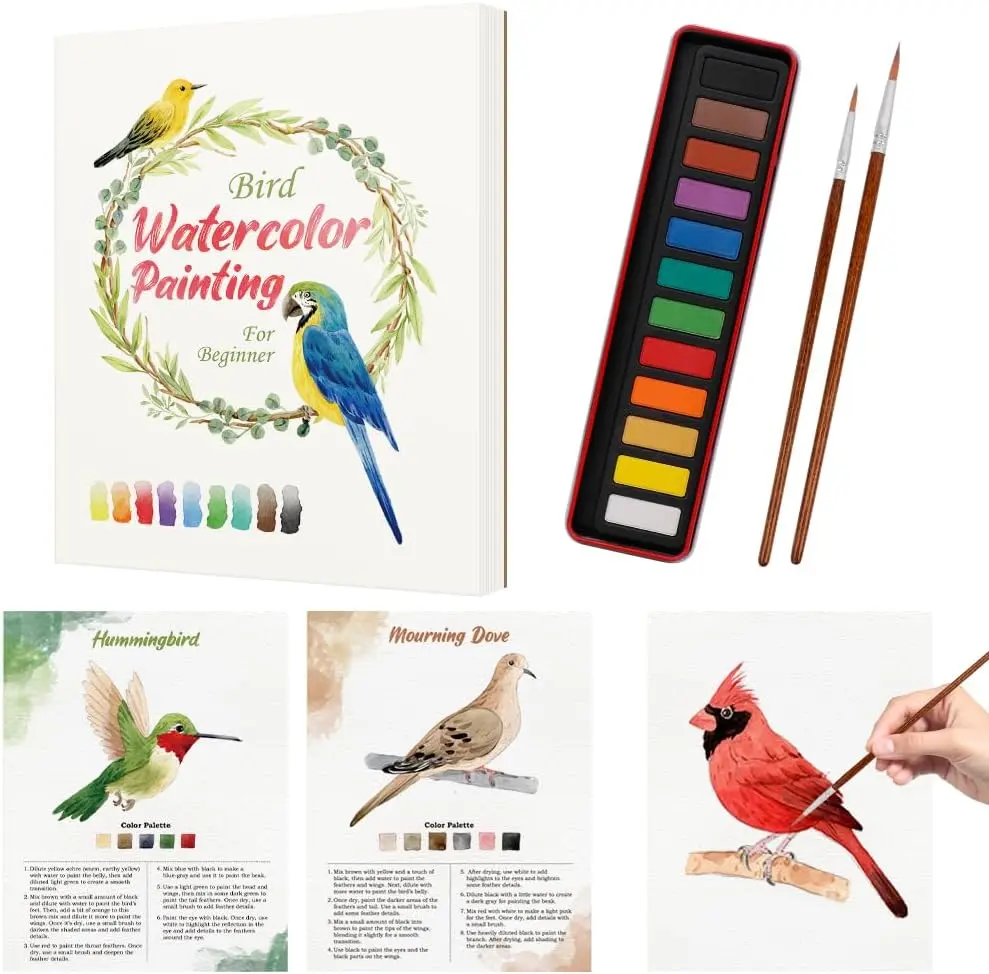 SkilLify Watercolor Workbook for Beginners, Bird Watercolor Paint Set, Art Crafts Watercolor Notebook Practice Coloring Book for Adults Teens - Colors Painting Set & Brush, Valentine's Day gift