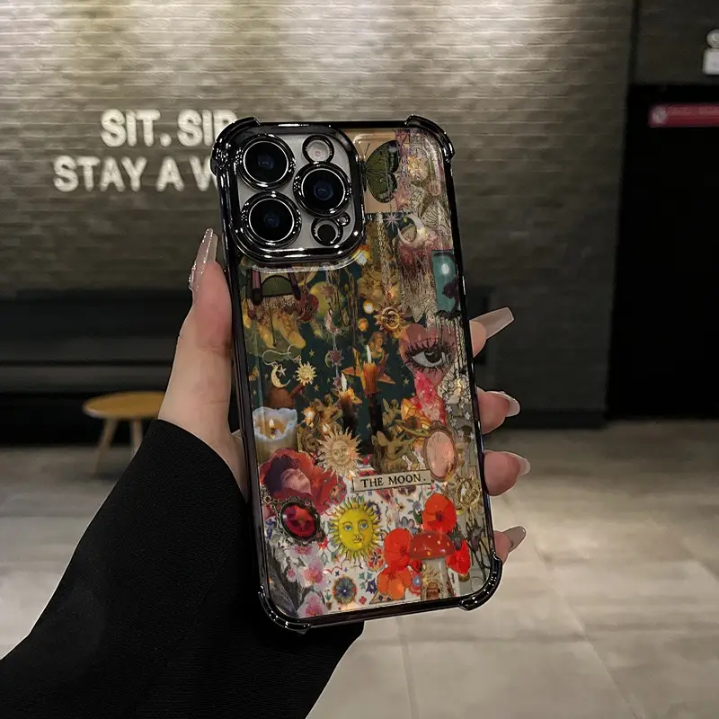 Retro European and American Collage Abstract Patterned Four Corner Drop-Proof TPU Phone Case for iPhone 16 15 14 Pro Max 13 12 11 XR XS Plus Fashion S