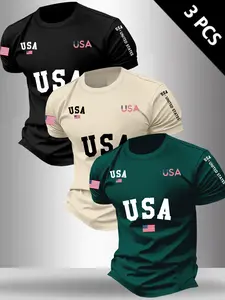 Men's Usa Flag Letter Print Round Neck Short Sleeve T-Shirt, Casual Style Tee, Summer Casual Outdoor Travel Set of 3, Fitted Long Clothing