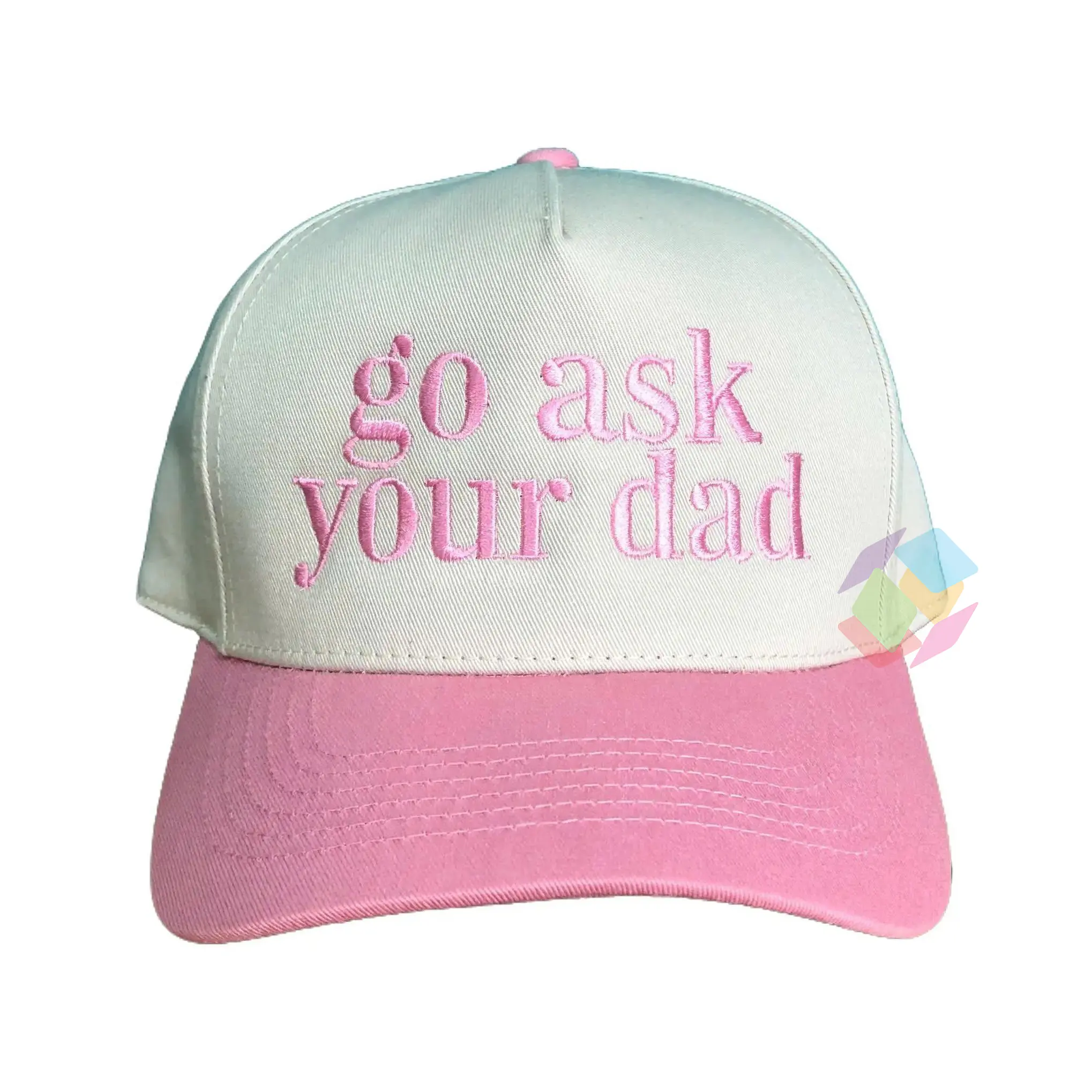 Go Ask Your Dad Funny Baseball Hat for Girls - Adjustable Strap, Mesh Back, Trucker Style, All Seasons, Pink & White Design