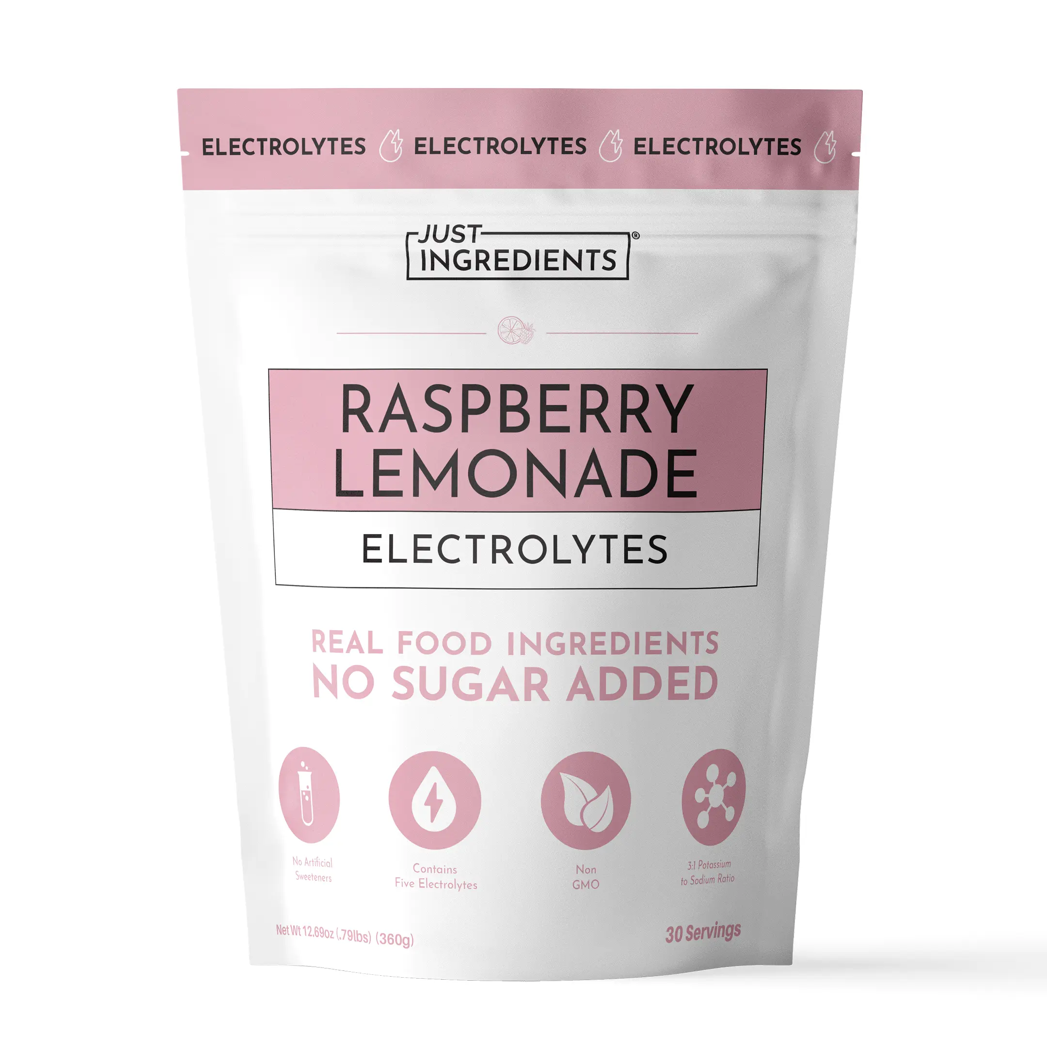 Just Ingredients Raspberry Lemonade Electrolytes - 30 Servings - Supports Daily Hydration, Electrolyte Balance & Muscle Recovery* - 3:1 Potassium-to-Sodium Ratio - Drink Mix - Coconut Water, Sea Salt, Trace Minerals