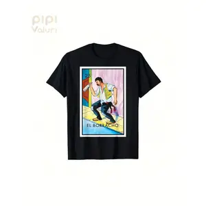 Summer t Shirts of Round-Neck Patterned T-Shirt - Print of The Pattern of The Mexican Lottery Card "El Tomador"