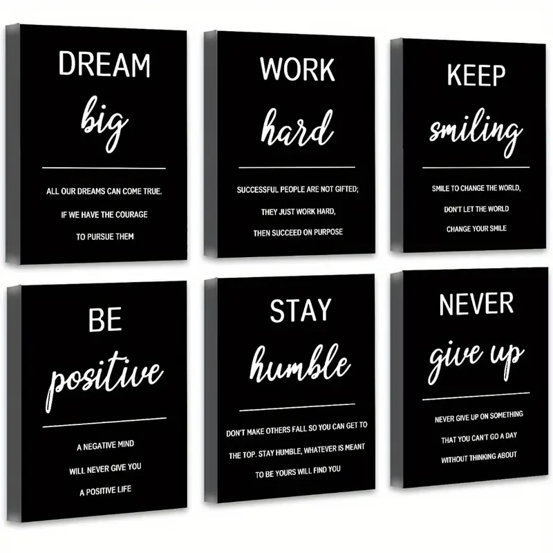 2D Flat 6pcs Frameless Inspirational Office Wall Art Motivational Wall Decor Quotes Wall Art for Living Room Encouraging Posters Print for Bedroom Sayings for Wall Decor