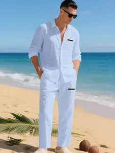 Men's Autumn Loose Fit Breathable Linen Shirt Set, Casual Long Sleeve Button-Down Top & Beach Pants, Comfortable All Season Wear