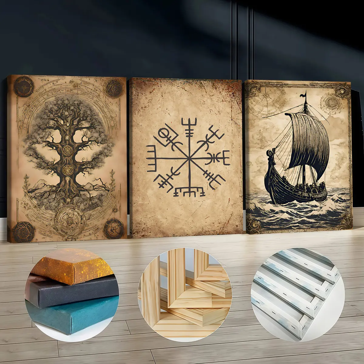 3Pcs Artistic Viking Theme Pine Wood Framed Canvas Prints - Norse Mythology Tree, Compass, Viking Ship Designs, Odorless Bar Wall Art, 30x40cm(30*40Cm(11.8*15.7Inch)) Home Decor for Living Room, Bedroom