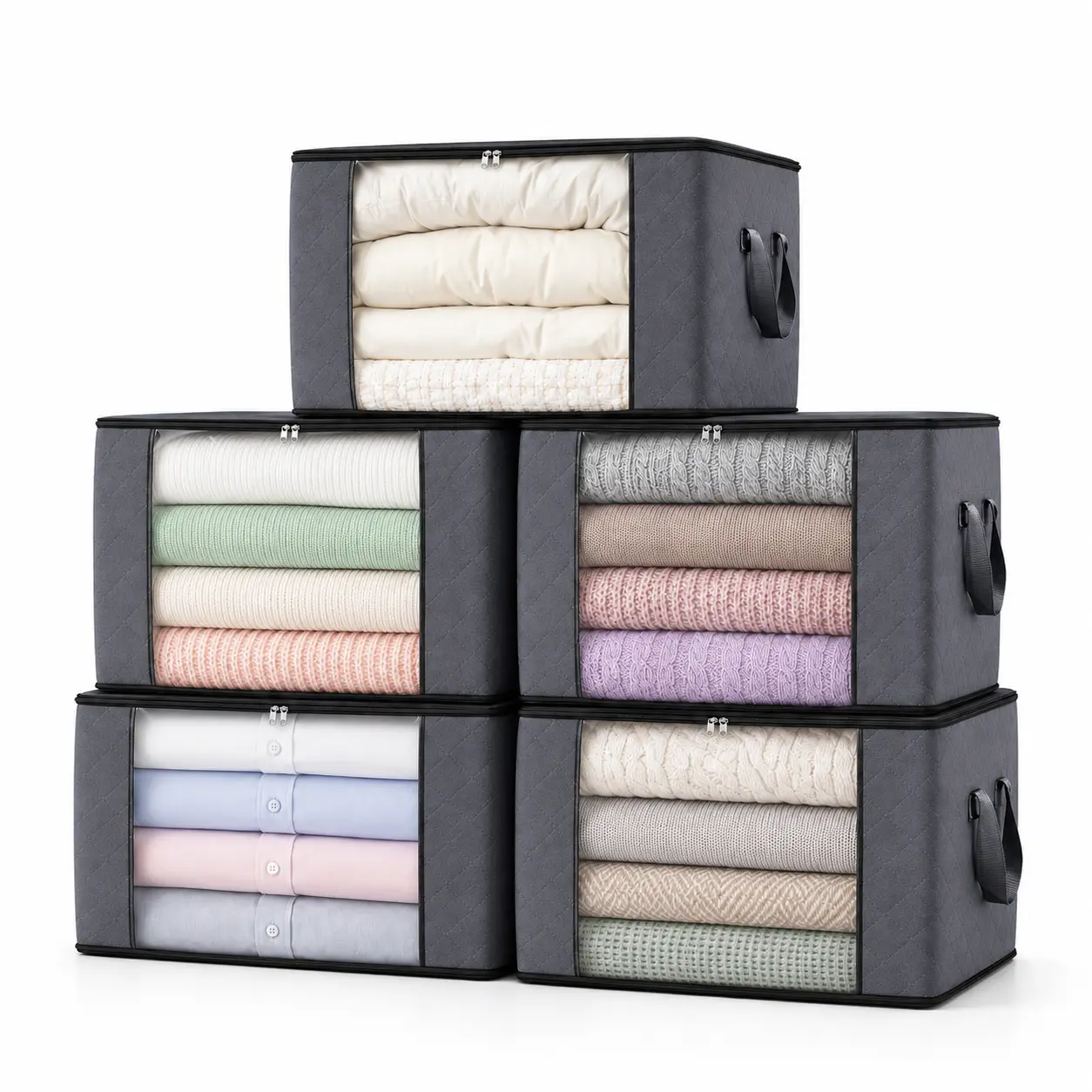 5-Piece Foldable Storage Boxes with Lids, Zippers & ClearTransparent Windows, Fabric Clothing Organizers forWardrobe, Portable Storage Bags for Clothes, Blanketsand Bedding